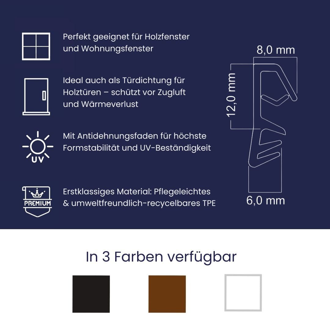 Fensterdichtung für Holzfenster 6mm Nutbreite - 12mm Falzhöhe (Di-5)