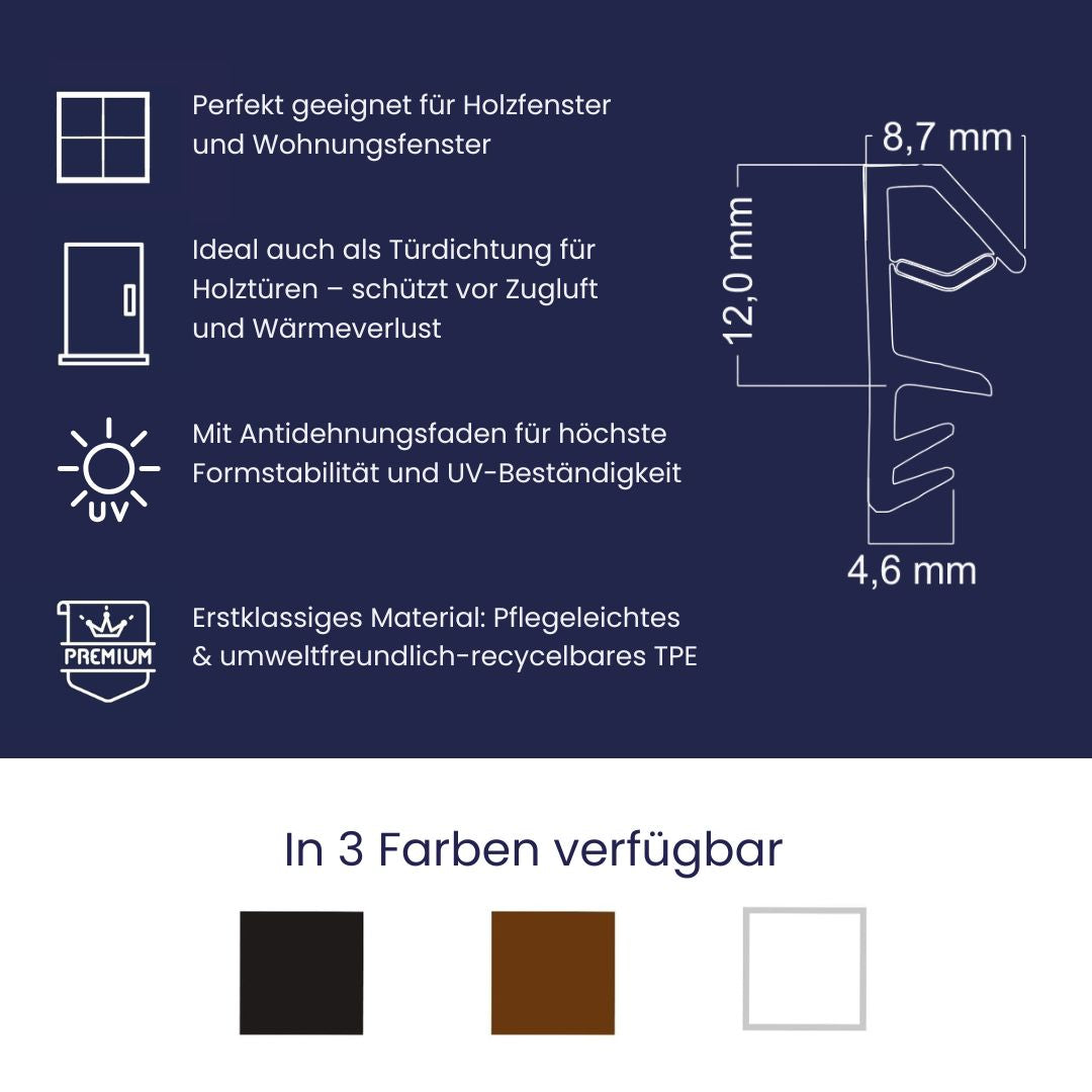 Fensterdichtung für Holzfenster 4,6 mm Nutbreite - 8mm Nuttiefe (Di-4)
