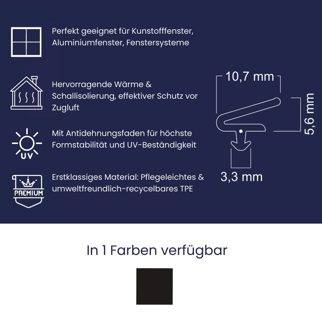 Fensterdichtung - Lippendichtung Nutbreite 3,3 mm Falzbreite 10,7 mm (Di-18)