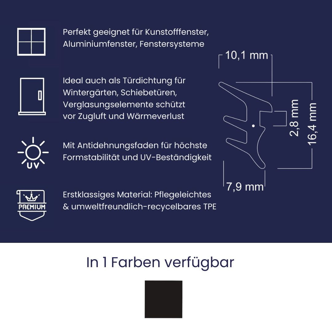 Fensterdichtung für Kunststofffenster Höhe 16,4 mm - Nutbreite 7,9 mm (Di-22)