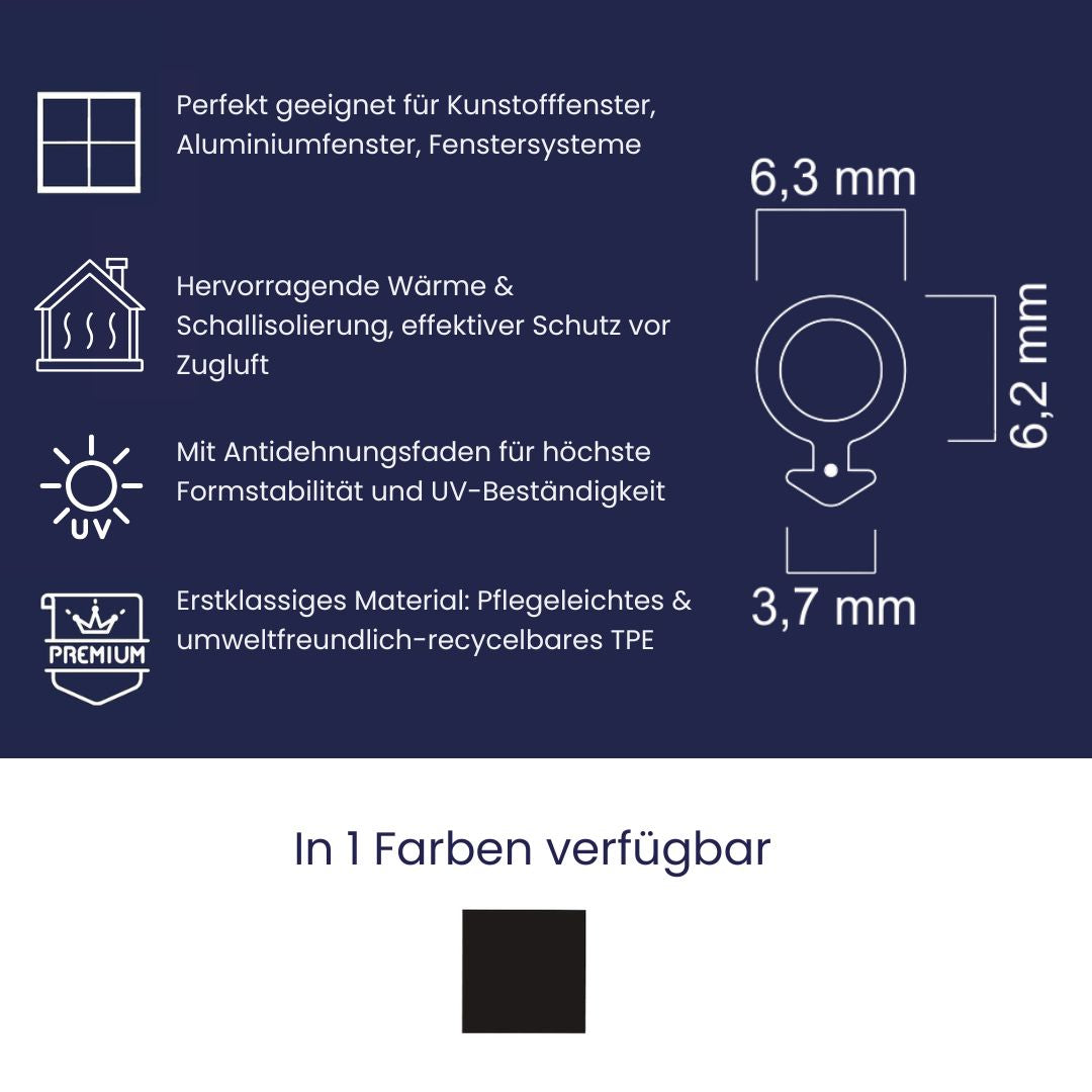 Fensterdichtung - Schlauchdichtung Nutbreite 3,7 mm Falzbreite 6,3 mm (Di-19)