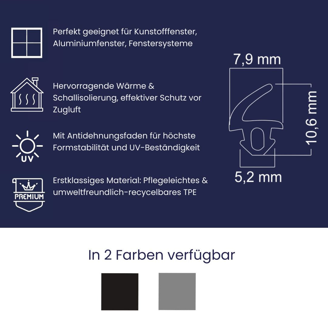 Fensterdichtung für Kunststofffenster Höhe 10,6 mm - Nutbreite 5,2 mm (Di-21)